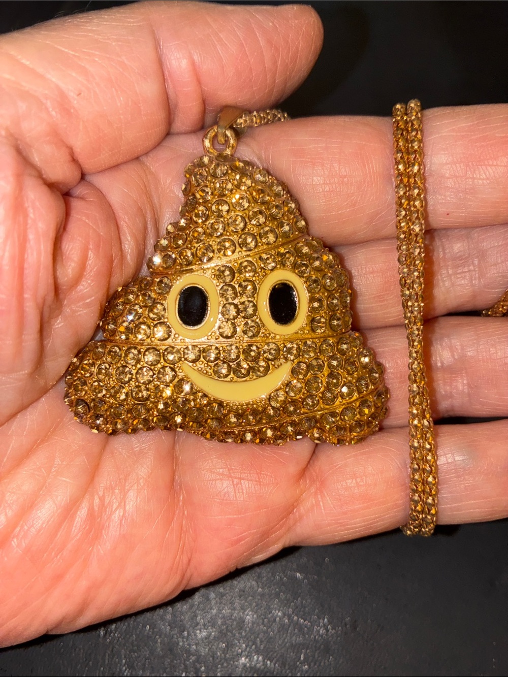 Gold Crystal Pave Smiley Poo 💩 Pendant Necklace - Playful Emoji Pendant
